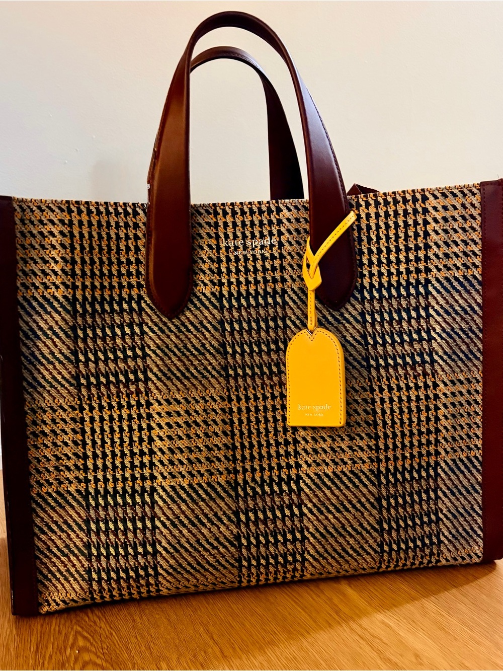 Kate Spade Burgundy Trim Multicolored Plaid Large Statement Tote
